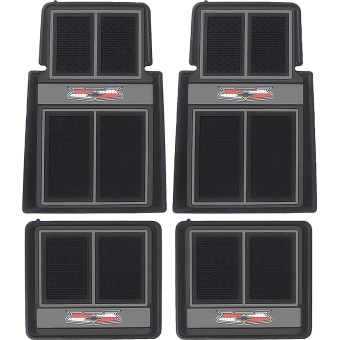 1955-57 Chevy Bel Air, 150, 210, Floor Mat Set, with "Chevrolet" Crest, Front and Rear, Black / Gray, 4 Piece Set