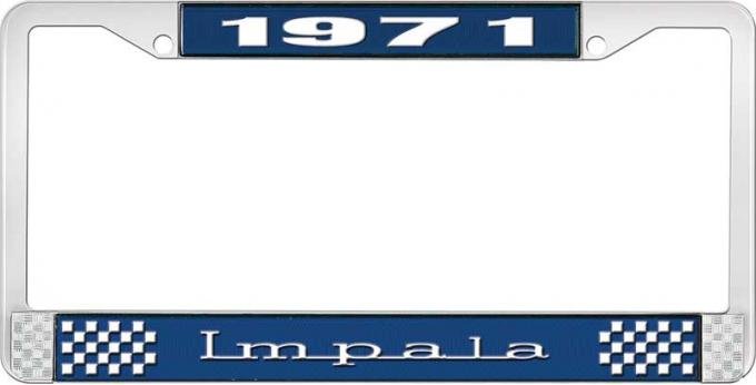 OER 1971 Impala Style #3 Blue and Chrome License Plate Frame with White Lettering LF2247103B