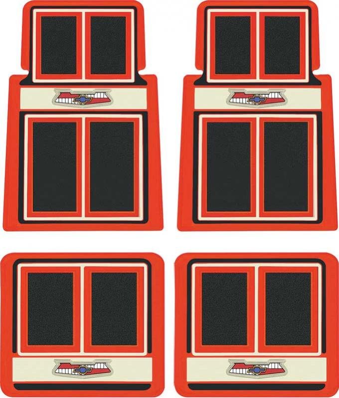 OER 1955-57 Chevrolet 4 Piece Red / Black / Beige Custom Carpet Floor Mats with Bel Air Crest Logo M55112