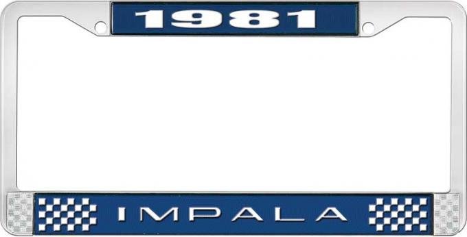OER 1981 Impala Style #2 Blue and Chrome License Plate Frame with White Lettering LF2248102B