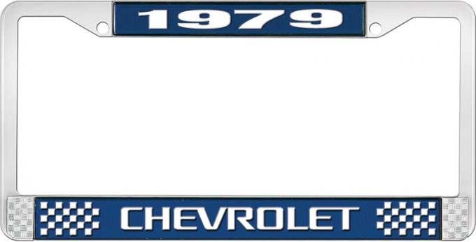 OER 1979 Chevrolet Style # 3 Blue and Chrome License Plate Frame with White Lettering LF2237903B