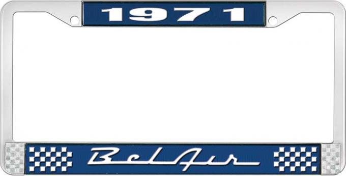 OER 1971 Bel Air Blue and Chrome License Plate Frame with White Lettering LF2257101B