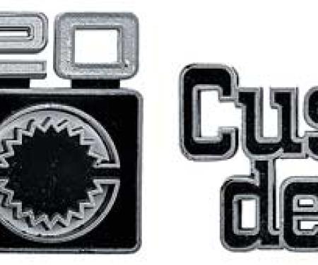 1975-80 Chevrolet Pickup, Suburban "CUSTOM DELUXE 20" Front Fender Emblem, with Hardware, Pair