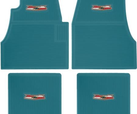 OER 1955-57 Chevy, Ribbed Rubber Floor Mat Set, with "Chevrolet" Crest , Turquoise, Front & Rear, 4 Piece Set M55204