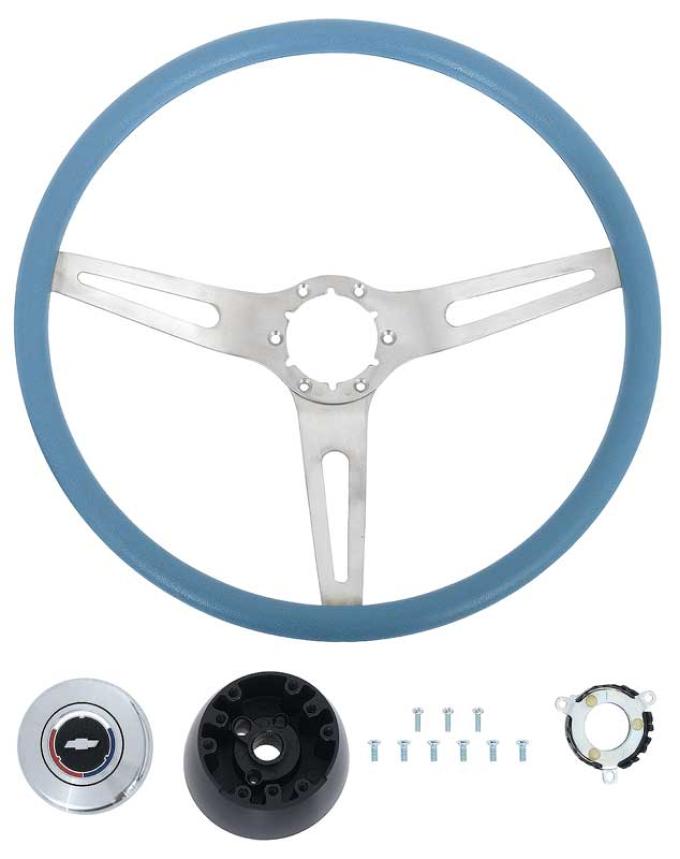 1969-72 GM, Comfort Grip Cushioned Steering Wheel Kit, 3-Spoke, Silver Spokes, Blue Grip