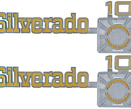 1975-80, Chevrolet Pickup, Suburban, "Silverado 10", Front, Fender Emblems, with Hardware, Pair, GM Licensed