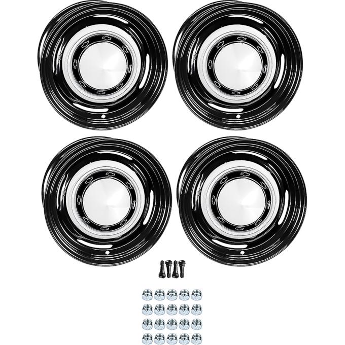 OER 1956 Chevrolet Factory Style 14" Staggered Steel Wheels, Dog Dish Style, 6", 7" Wide, 4-1/2", 4-3/4" Backspacing *881487