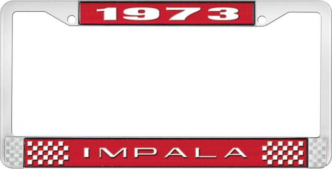 OER 1973 Impala Style #2 Red and Chrome License Plate Frame with White Lettering LF2247302C