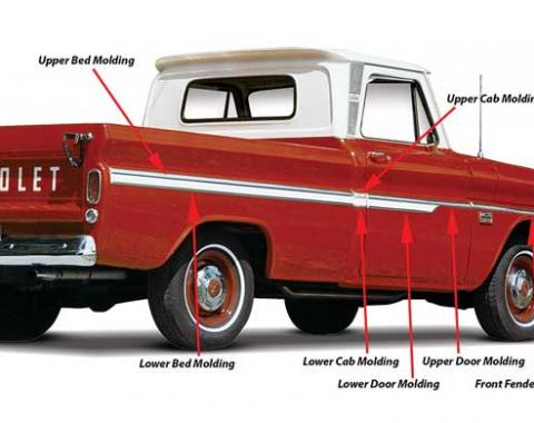 OER 1962-66 Chevrolet Fleetside Pickup, Short Bed, Aluminum Side Molding Set, 16 Pieces, With Clips and Hardware CX1674
