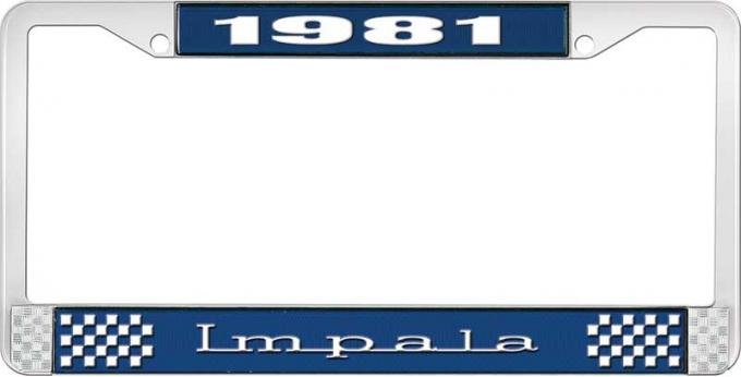 OER 1981 Impala Style #3 Blue and Chrome License Plate Frame with White Lettering LF2248103B