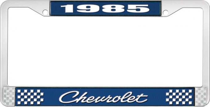 OER 1985 Chevrolet Style # 4 Blue and Chrome License Plate Frame with White Lettering LF2238504B