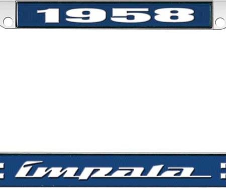 OER 1958 Impala Style #4 Blue and Chrome License Plate Frame with White Lettering LF2245804B