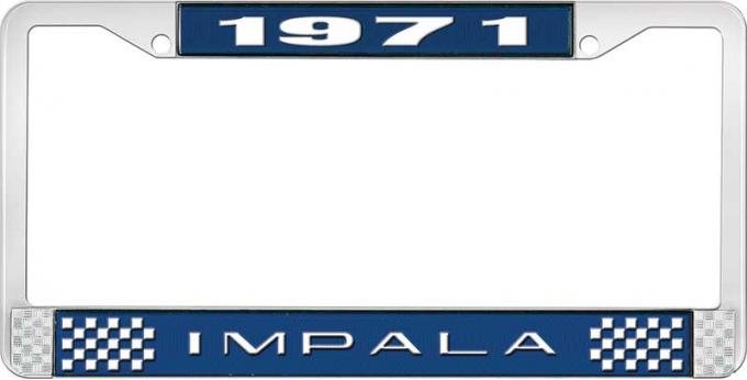 OER 1971 Impala Style #2 Blue and Chrome License Plate Frame with White Lettering LF2247102B