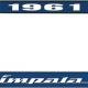 OER 1961 Impala Style #4 Blue and Chrome License Plate Frame with White Lettering *LF2246104B