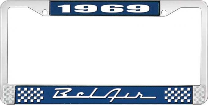 OER 1969 Bel Air Blue and Chrome License Plate Frame with White Lettering LF2256901B