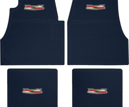 1955-57 Chevy, Ribbed Rubber Floor Mat Set, with "Chevrolet" Crest, Dark Blue, 4 Piece Set