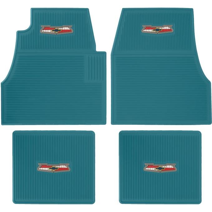 OER 1955-57 Chevy, Ribbed Rubber Floor Mat Set, with "Chevrolet" Crest , Turquoise, Front & Rear, 4 Piece Set M55204
