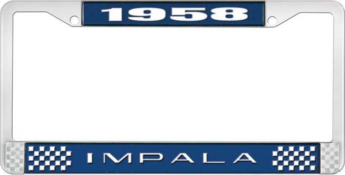 OER 1958 Impala Style #2 Blue and Chrome License Plate Frame with White Lettering LF2245802B