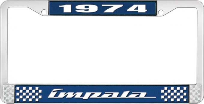 OER 1974 Impala Style #4 Blue and Chrome License Plate Frame with White Lettering LF2247404B
