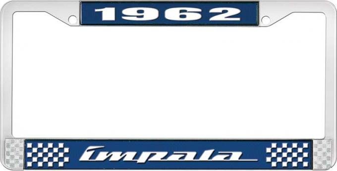 OER 1962 Impala Style #4 Blue and Chrome License Plate Frame with White Lettering LF2246204B