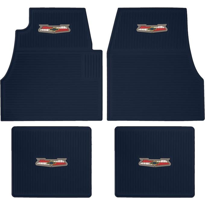 1955-57 Chevy, Ribbed Rubber Floor Mat Set, with "Chevrolet" Crest, Dark Blue, 4 Piece Set