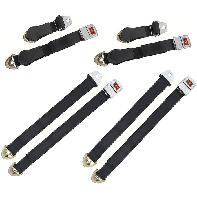 1965-66 Impala, Caprice Nova, Chevelle, Deluxe Seat Belt Set, Gold Starburst, Black, 4-Piece Set