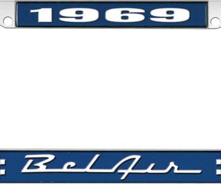 OER 1969 Bel Air Blue and Chrome License Plate Frame with White Lettering LF2256901B