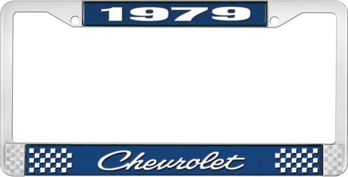 OER 1979 Chevrolet Style # 4 Blue and Chrome License Plate Frame with White Lettering LF2237904B